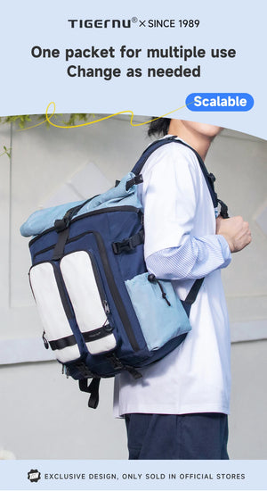Blue and navy travel backpack on person, featuring front compartments and padded straps