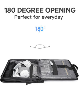 Laptop backpack opened 180 degrees showing inner compartments