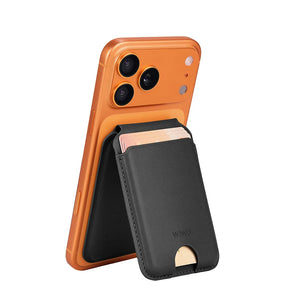 WiWU MagSafe wallet card holder with tracker slot, black wallet on orange phone case