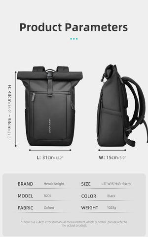 Black waterproof roll-top backpack with size and model details on packaging
