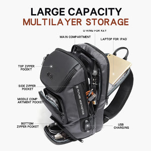 Black compact crossbody sling bag with multi-layer compartments and USB charging port