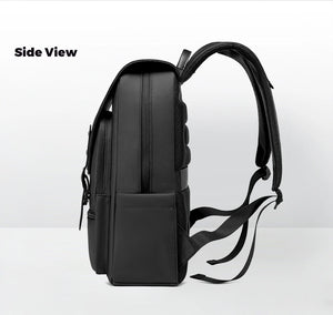 Black waterproof commuter backpack with carry handle and side straps