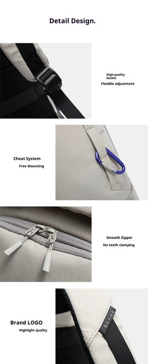 Travel backpack detail view showing adjustable strap, zipper, and brand logo patch