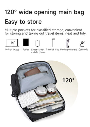 Black backpack open to show wide main compartment and organizer pockets