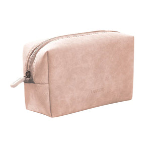 Pink toiletry bag with a visible brand logo on a white background