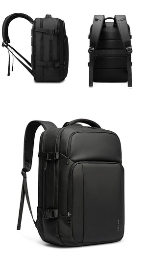 Black travel backpack front and side angled views with adjustable straps
