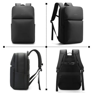 Black backpack shown from multiple angles on a white background
