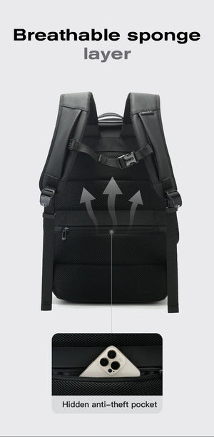 Black backpack front with breathable sponge layer and hidden anti-theft pocket