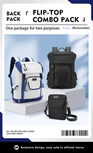 Set of two waterproof flip-top backpack and small shoulder bag in black and white-blue
