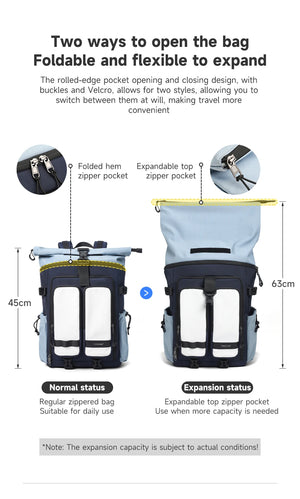 Blue expandable travel backpack with front compartments and zipper pockets, USB-ready.