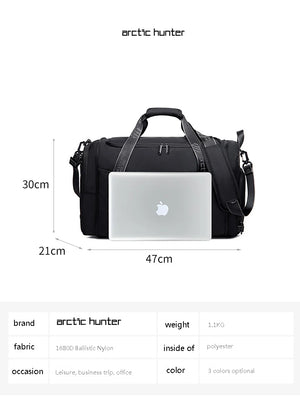 Black duffle bag with side straps and laptop compartment, with size measurements