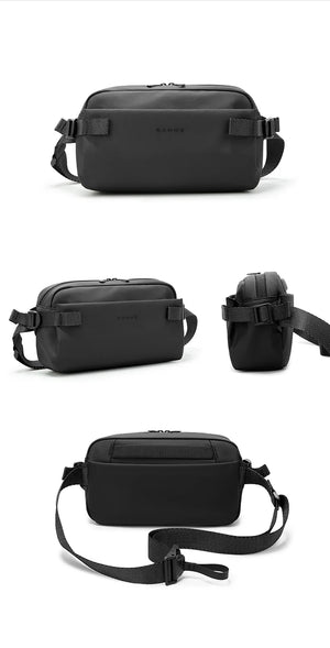 Black crossbody bag shown from front, side, and angled views with adjustable strap.