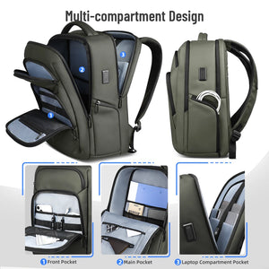 Green backpack with multi-compartment layout and padded laptop compartment