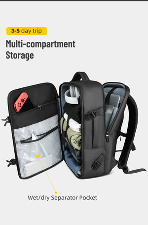 Black backpack with multi-compartment layout and wet/dry separator pocket.
