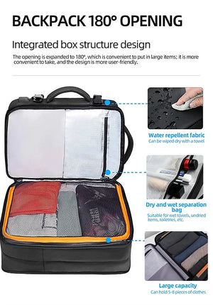 Waterproof travel backpack with 180° opening showing mesh compartments and large main storage