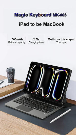 WiWU MK003 Bluetooth keyboard case with keyboard folio open on tablet stand, black