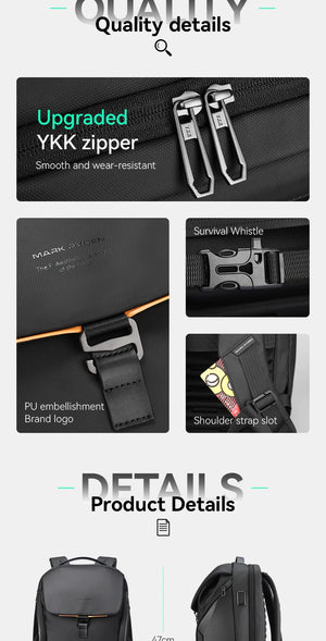 Black waterproof travel backpack with upgraded YKK zipper, strap slot, and survival whistle