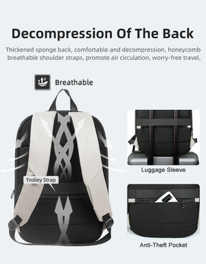 Travel backpack back panel, white/black with padded straps, trolley sleeve and anti-theft pocket