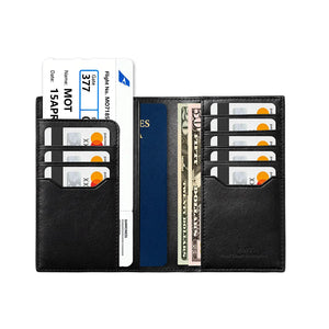 Black leather passport wallet open view with card slots and ID pockets, AirTag emblem