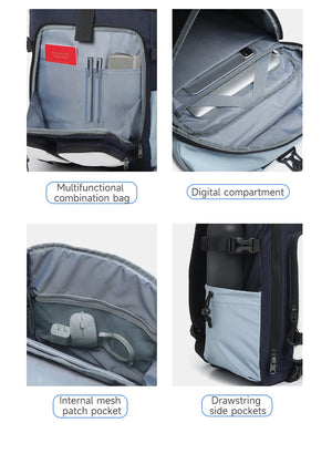 Blue travel backpack interior with mesh patch pocket and zip document sleeve sections.