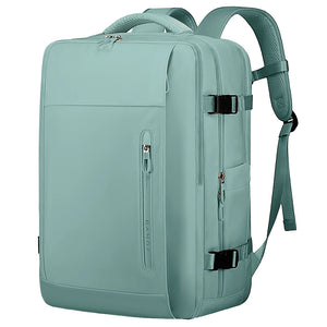 BANGE large capacity waterproof travel backpack in mint green with front zip and side straps