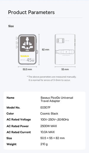 BASEUS PicoGo AG11 45W Universal Travel Adapter with Retractable Cable