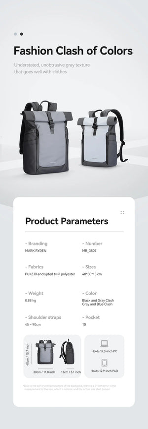 MARK RYDEN MR3807 Expandable Roll Top Waterproof Travel Backpack