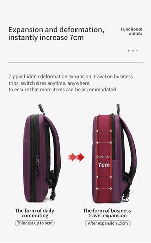 Expandable purple lightweight backpack with zipper and adjustable expansion width