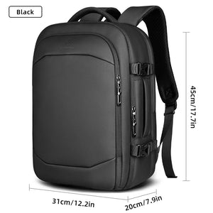 Black large capacity waterproof travel backpack, front with adjustable shoulder straps