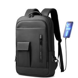 Black slim waterproof backpack with front zip pocket and USB charging port cable