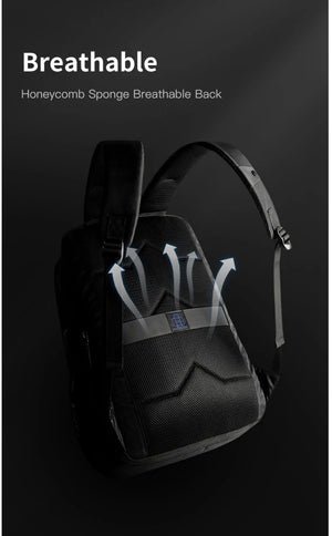 Black backpack with ventilated mesh back panel and adjustable shoulder straps