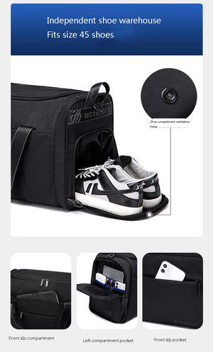 Black duffle and sports bag with open interior, shoes compartment and front pockets