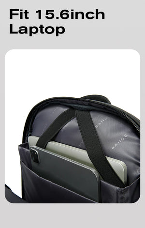 Black backpack interior showing padded 15.6-inch laptop sleeve and strap