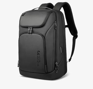 Black waterproof travel backpack front view with top pocket and side zipper compartments