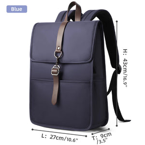 Blue commuter backpack with top flap, front pocket panel, and crossbody shoulder strap