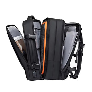 Large expandable travel backpack with front compartments open, dark gray/black