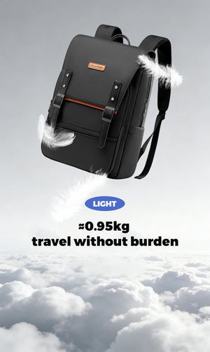 Black lightweight commuter backpack with padded top handle and front flap pocket
