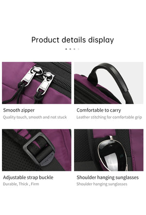 Purple backpack details: smooth zipper, adjustable strap buckle, and carry handle