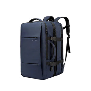 Large expandable travel backpack in navy blue with front organizer panel and top handle