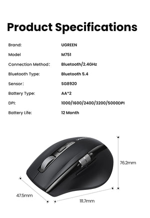 UGREEN M751 Hyper-Fast Scroll Ergonomic Bluetooth Wireless Mouse