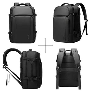 Black travel backpack shown from multiple angles with padded straps and front compartments.