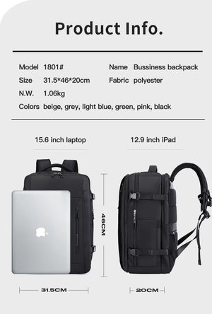 Black travel backpack back view with laptop sleeve and front zip compartments