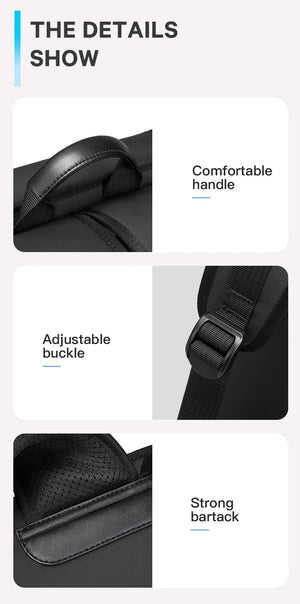 Backpack details: padded handle, adjustable buckle, reinforced seams