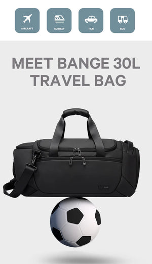 Black travel duffle bag with top handle and front zip opening