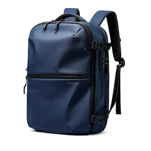 Blue backpack with black zippers and straps, featuring the brand 'Bange', on a white background with dimensions indicated.