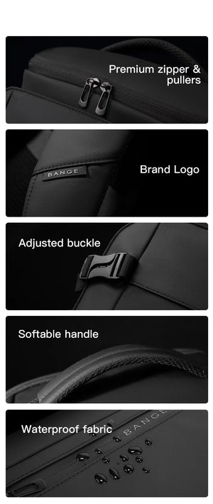 Black backpack details: zipper pull, brand logo, adjustable buckles, padded handle