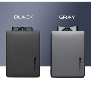 Compact waterproof laptop backpack in black and gray front views