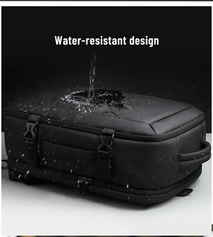 Black waterproof travel backpack with front buckles and water-resistant top surface