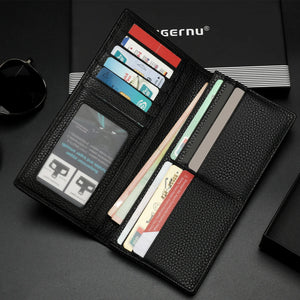 Black leather long wallet open with card slots and transparent ID window