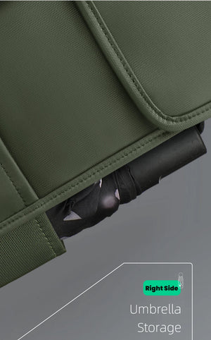 Green backpack stitched corner with right-side umbrella storage pocket